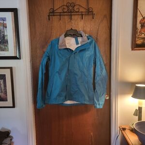 REI Women’s L Blue Hooded Rain Jacket Waterproof Shell Outdoor Hiking